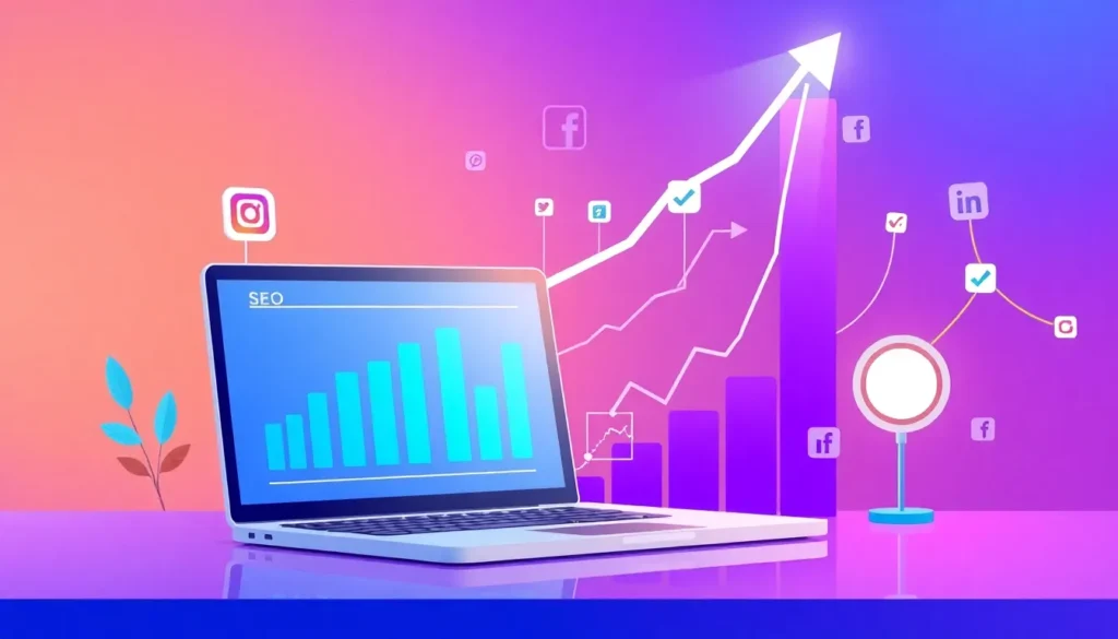 Illustration showing digital marketing benefits with SEO analytics on a laptop, social media icons, and a rising growth graph representing online business growth.